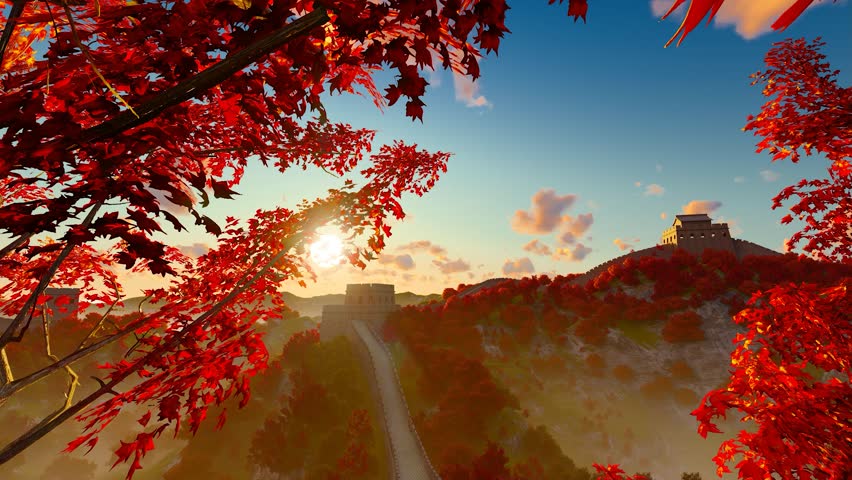 The Great Wall with red leaves in autumn, time-lapse of the sun rising in the morning