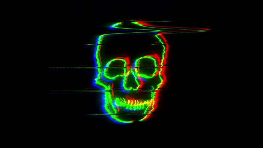 Skull line art animation with glowing glitch motion effect. 4K quality footage