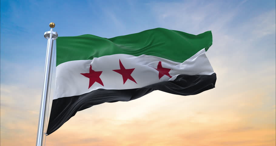 Flag of Syria realistic waving in the wind with sundown background (Perfect Loop)