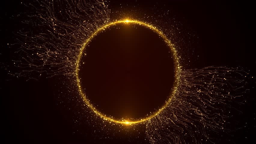Festive luxury golden glitter circle sparkling light circle geometric luxury spin ceremony black particles glowing background, 4k presentations, and special events awards ceremony. 3D Illustration