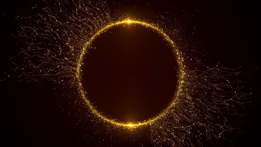 Festive luxury golden glitter circle sparkling light circle geometric luxury spin ceremony black particles glowing background, 4k presentations, and special events awards ceremony. 3D Illustration