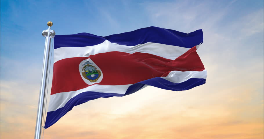 Flag of Costa Rica State realistic waving in the wind with sundown background (Perfect Loop)