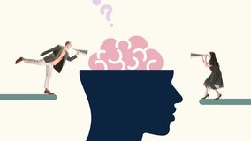 Man and woman, employees looking and shouting into megaphone on brain, overload of information, importance of clarifying thoughts. Stop motion, animation. Concept of psychology, mental health - Powered by Shutterstock - Get 15% off with code: PIKWIZARD15