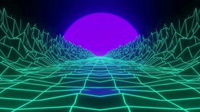 Futuristic neon grid landscape background. Retro futuristic neon grid landscape with glowing wireframe mountains and a large purple sun, evoking 1980s synthwave aesthetics. - Powered by Shutterstock - Get 15% off with code: PIKWIZARD15