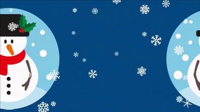 Snowman with red scarf in snowfall. Cheerful snowman wearing a red scarf and black hat with holly, surrounded by falling snowflakes on a blue background. - Powered by Shutterstock - Get 15% off with code: PIKWIZARD15