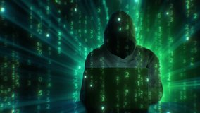 Hacker in Hoodie Working in Dark Abstract Space Laptop Keyboard Typing Matrix Symbols Effect Digital Virtual Script Numbers. Anonymous Man Without Face Hacking System. Hacker Attack Concept 4k UHD.  - Powered by Shutterstock - Get 15% off with code: PIKWIZARD15
