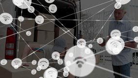 Animation of icons over white male delivery man and worker unpacking boxes from car. global connections, delivery and shipping concept digitally generated video. - Powered by Shutterstock - Get 15% off with code: PIKWIZARD15
