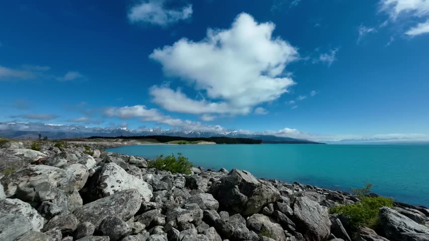 Mount Cook landscape with blue on Lake Pukaki, the highest mountain in New Zealand and popular travel destination.
