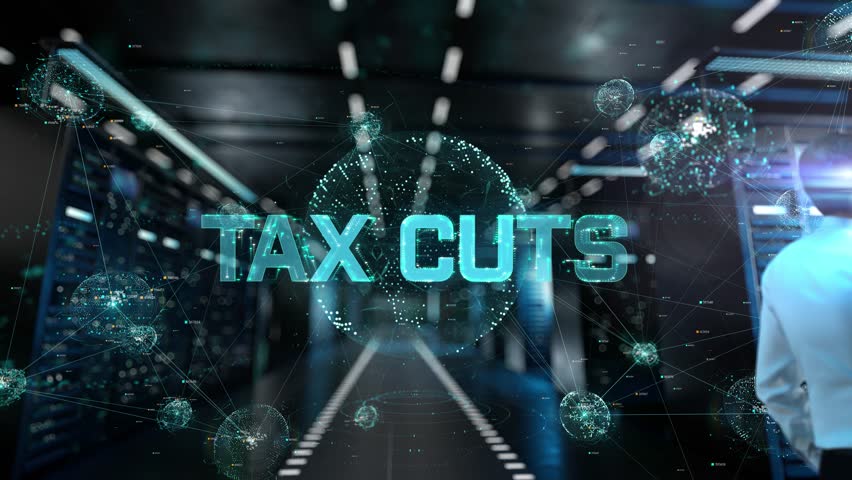 Tax cuts. IT Administrator Activating Modern Data Center Server with Hologram.