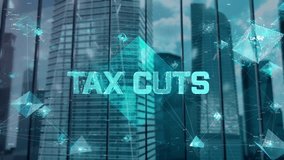 Tax cuts. Businessman Working in Office among Skyscrapers. Hologram Concept - Powered by Shutterstock - Get 15% off with code: PIKWIZARD15