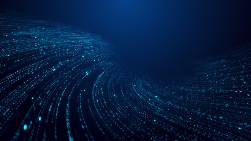 Big data abstract technology Matrix background, light data waving animation. digital landscape particle. Crypto currency, data flow. Transferring Artificial Intelligence Quantum Computer, block chain