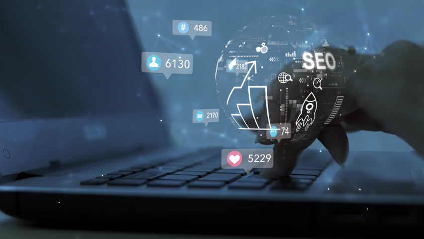 Businesswoman uses computer analyze SEO Search Engine optimization, advertising, communication, digital, business, marketing, technology, digital marketing, online, , goals,ads, website, social media,