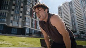 Tired Caucasian man male guy athlete sportsman sport running runner jogger training workout wipe sweat forehead activity city stop pause break exhausted exercise outdoors fitness fatigued jogging hard - Powered by Shutterstock - Get 15% off with code: PIKWIZARD15