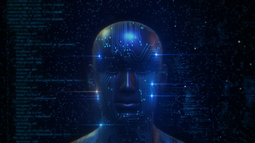 Digital Human head brain network AI artificial intelligence Deep learning concept. face virtual human character clone, Brain innovative Big data. Future AI tech machine learning, face circuit board 4K