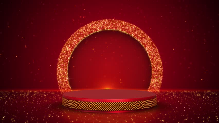 Podium Futuristic showcase platform for product Luxury Award Ceremony Gold Animation. Indian traditional festival award stage rays sparks. display mockup. holiday celebrations. Diwali, Deepavali