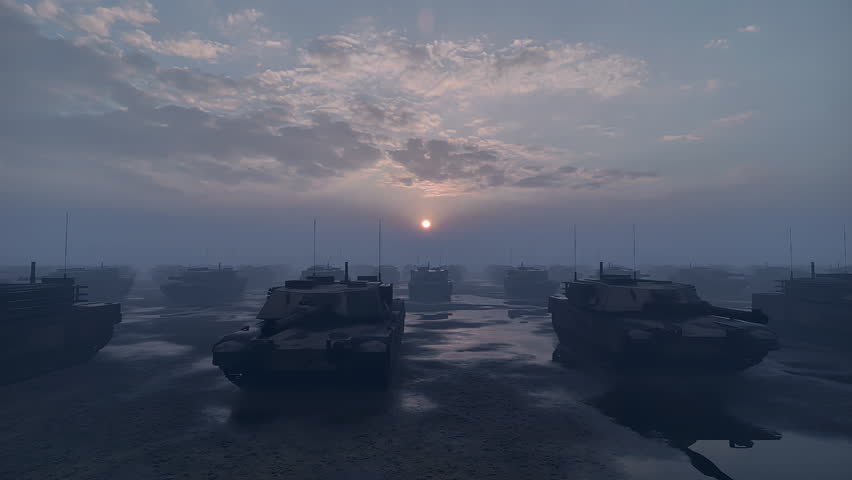 A column of military armored tanks advancing toward the battlefield at dawn, under a misty and dramatic sky.