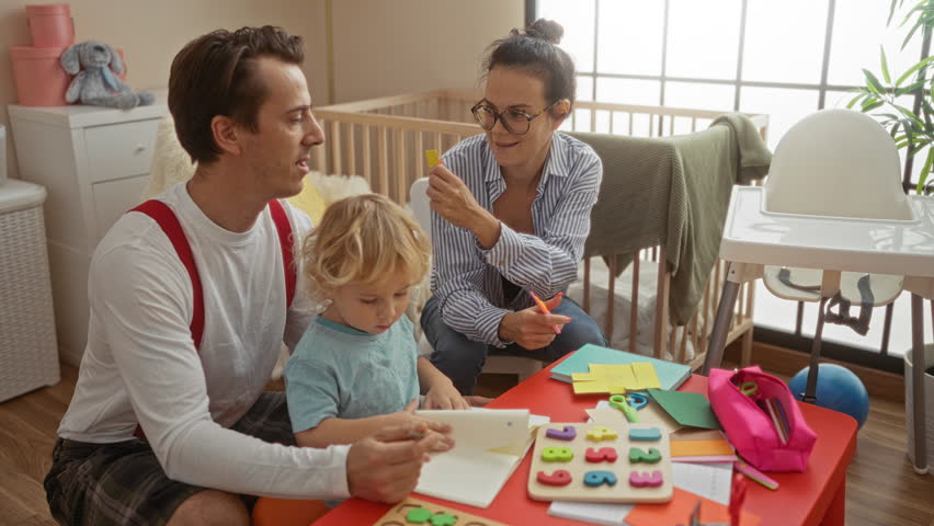 Happy family playing together in a bright living room, father, mother, and young son doing crafts and enjoying a fun indoor activity