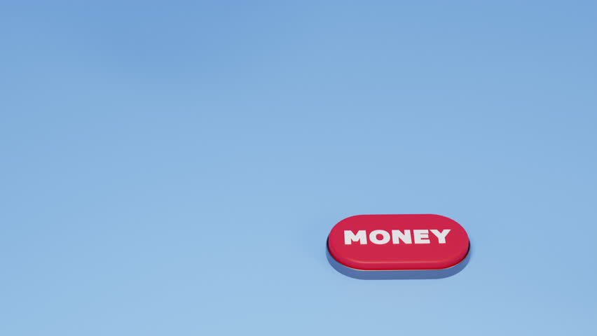 Money fall cartoon 3d animation. Business man hand pushes money button. Dollar bill stacks. Earning money, win, investment, passive income, donation concept. easy earning, cash