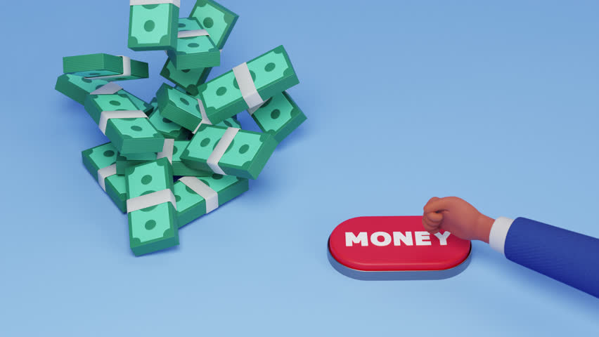 Money fall cartoon 3d animation. Business man hand pushes money button. Dollar bill stacks. Earning money, win, investment, passive income, donation concept. easy earning, cash