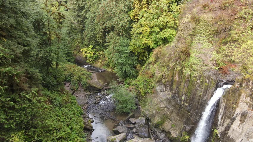 Aerial shot of a Asian female hiker walking across the suspension bridge over Drift Creek Falls in Oregon.