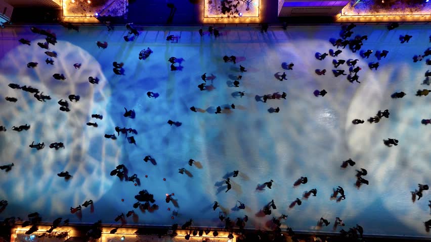 Montreal city skating rink at night illuminated for Christmas, Quebec, Canada.