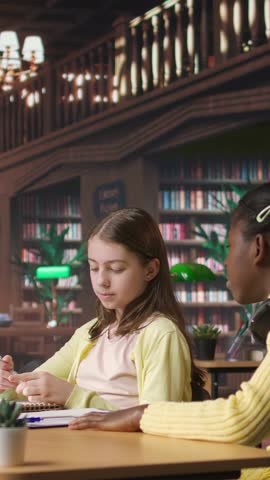 Vertical Video African american private teacher offering support to her students, tutoring them through a lesson plan at a library desk. Tutor providing learning materials, mentoring scholars. Camera