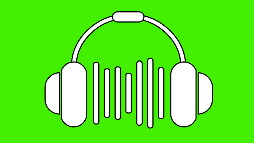 video animation drawing icon headphones with sound waves concept, sketch draw in black and white color. on a green chroma key background