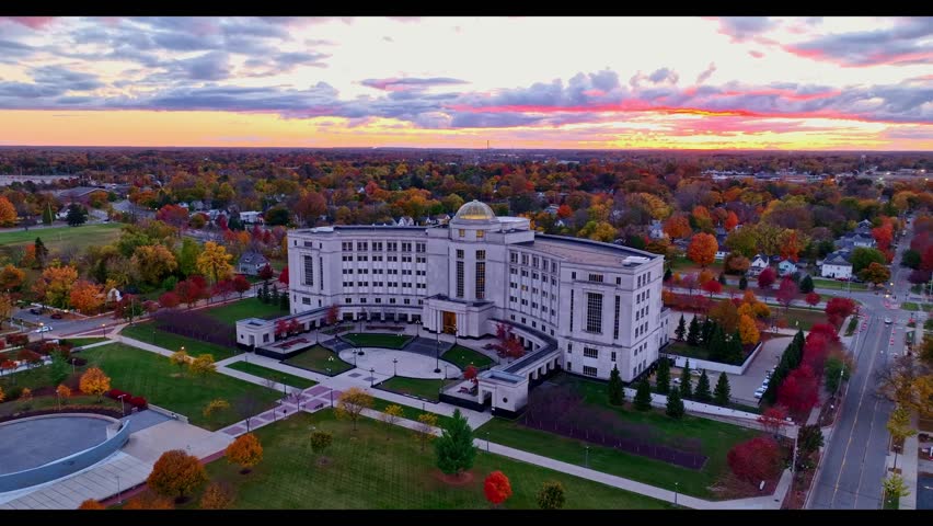 Michigan Hall of Justice, home of the Michigan Supreme Court and Court of Appeals in Lansing, Michigan at sunset in autumn