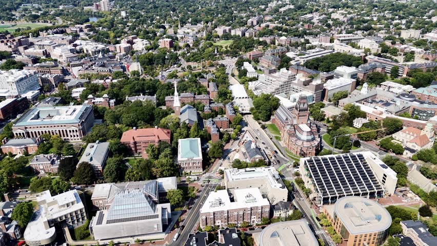 Drone flight above the Harvard Yard, Cambridge, Massachusetts, USA