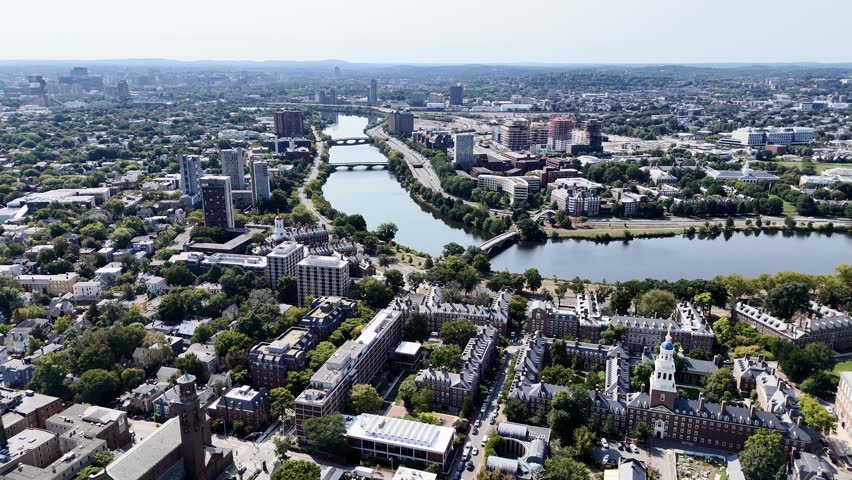 Drone flight above the Harvard Yard, Cambridge, Massachusetts, USA