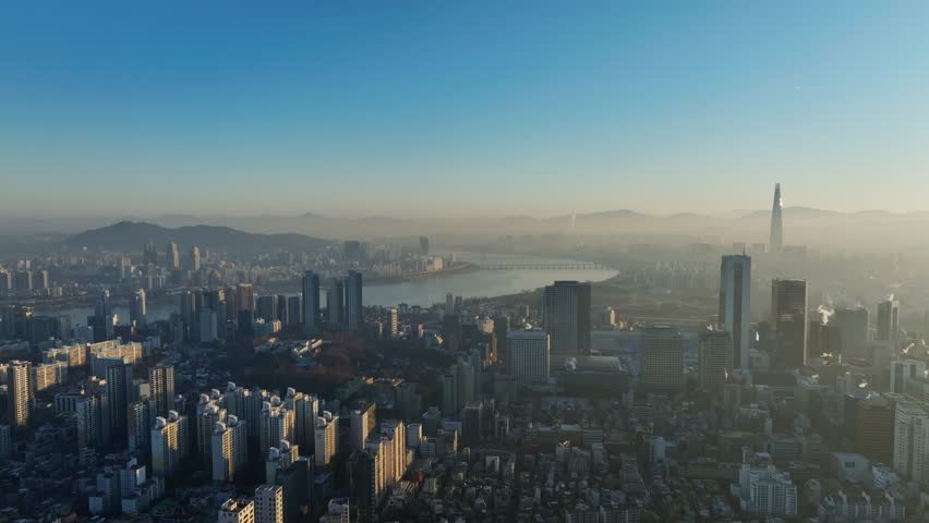Aerial View of Seoul city in Sunrise of South Korea, Gangnam financial district, Winter