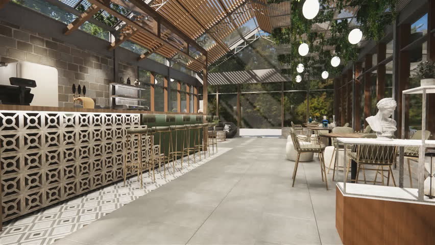 Empty Tables and Chairs in Restaurant cafe.3d rendering interior.