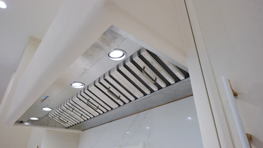 Big clean modern kitchen at the restaurant or cafe. Ventilation for the kitchen. Move camera