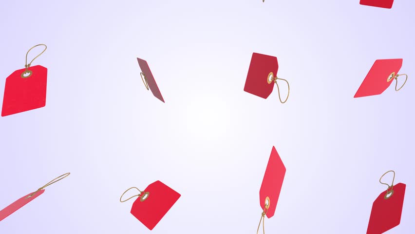 Red Label Tags Falling on a Light Background. Price Label Tag 3D Animation. 4K