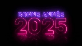 Bonne annee 2025. Happy New Year 2025 greeting. Bright pink and purple neon glowing numbers. Text in French with floor reflection. Cosmic vibrant colours. Horizontal moving lines. Black background. - Powered by Shutterstock - Get 15% off with code: PIKWIZARD15