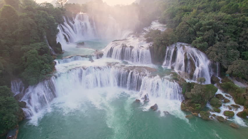 Aerial view of majestic Ban Gioc Waterfall, Detian Falls flowing amidst tropical forest during the sunset at Cao Bang, Vietnam