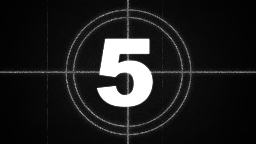 Monochrome Film leader vintage clip. Black vignette. Timer or counter from 5 to 0. Analog noise texture. Dynamic flicker. Old film rolling with details, scratches, markers and grain.	