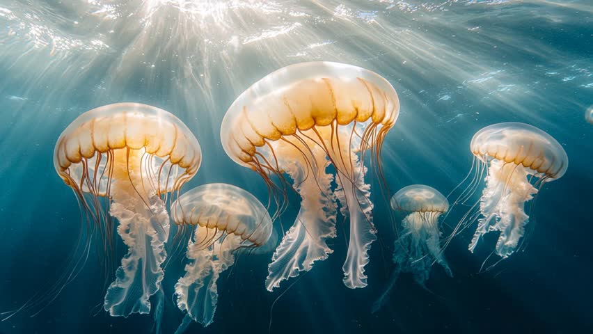 Group of jellyfish gracefully swimming underwater with sunlight beams piercing through, showcasing marine beauty and oceanic tranquility.