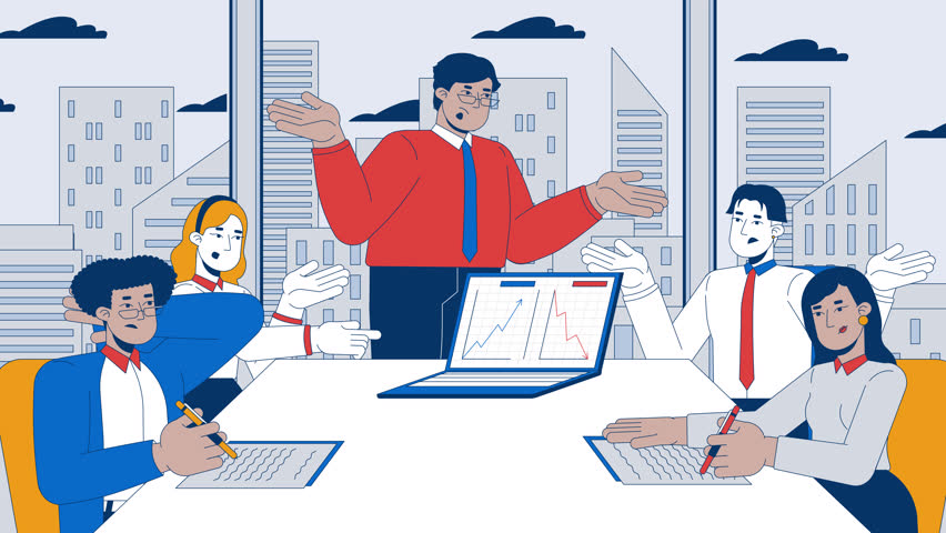 Team members conducting competitors analysis cartoon animation. Competitive market research 4K video 2D motion graphic. Colleagues evaluating sales metrics animated characters on office background