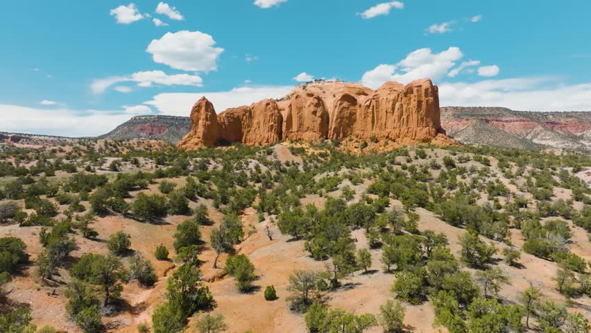 Drone shot of a rock formation plateau ahead of Mt Powell in Thoreau New Mexico nearby Galia Overlook in Navajo Nation territory