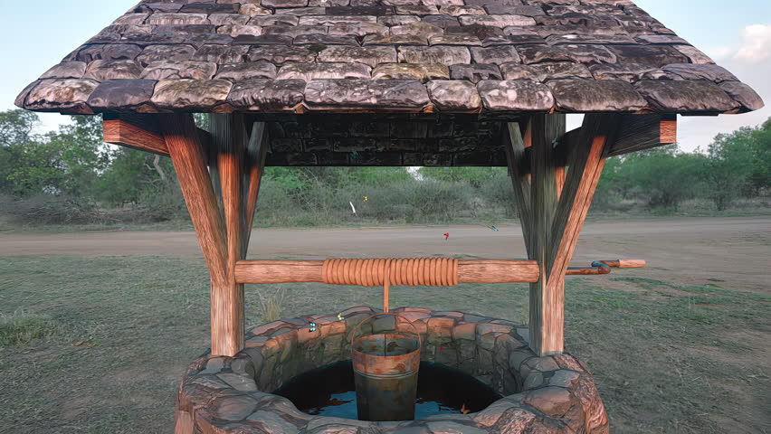 A rustic stone water well with a wooden, tile-roofed structure stands in a tranquil outdoor setting with sparse greenery and colorful butterflies fluttering around.
