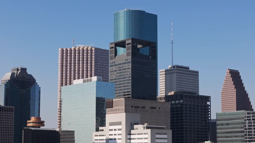 Downtown Houston skyline district buildings, Texas, Drone shot