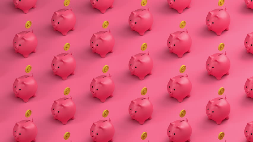 Piggy Bank pattern 3d render animation. Isometric Piggy banks Backdrop Seamless loop. Concept of saving, invest, finance and economy.