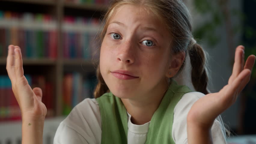 Close up sad upset confused Caucasian little girl puzzled child school kid student pupil schoolgirl looking camera doubt shrugging shoulders don't know answer no clue education learning in classroom