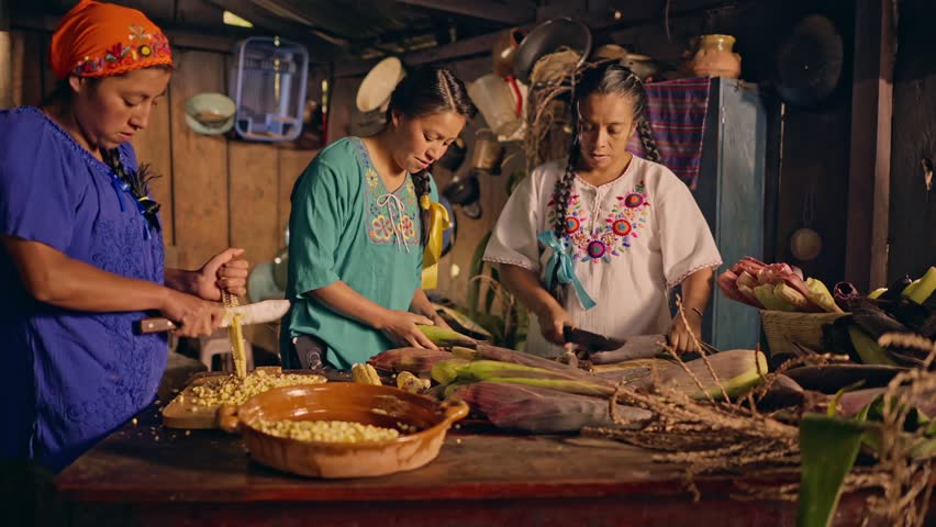 3 Beautiful women of the Xinca ethnic group from northeastern Guatemala, process corn cobs to make sweet tamales called "TASCALES"	