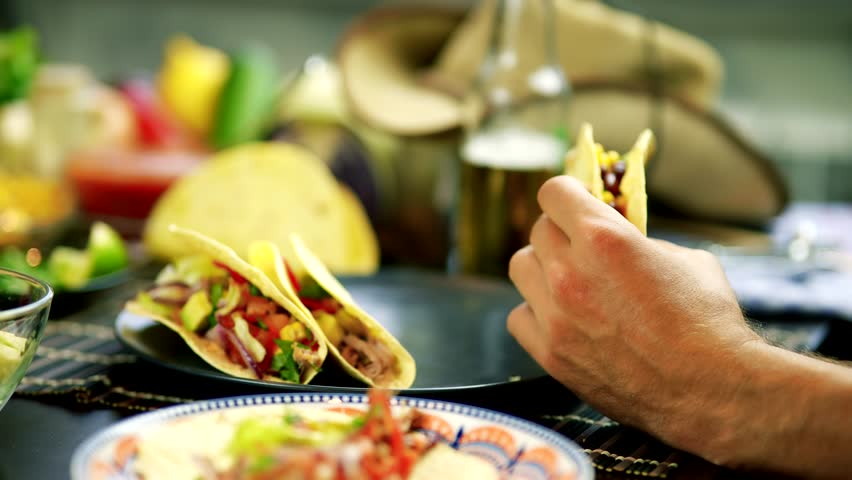 Tasty Mexican Tacos Filled Meat. Homemade American Soft Shell Beef Tacos. Mexican Food Burrito. Tortilla Fast Food. Mexican Pork Carnitas Tacos Fajitas. American Taco Salsa Corn Tortilla Carne Asada