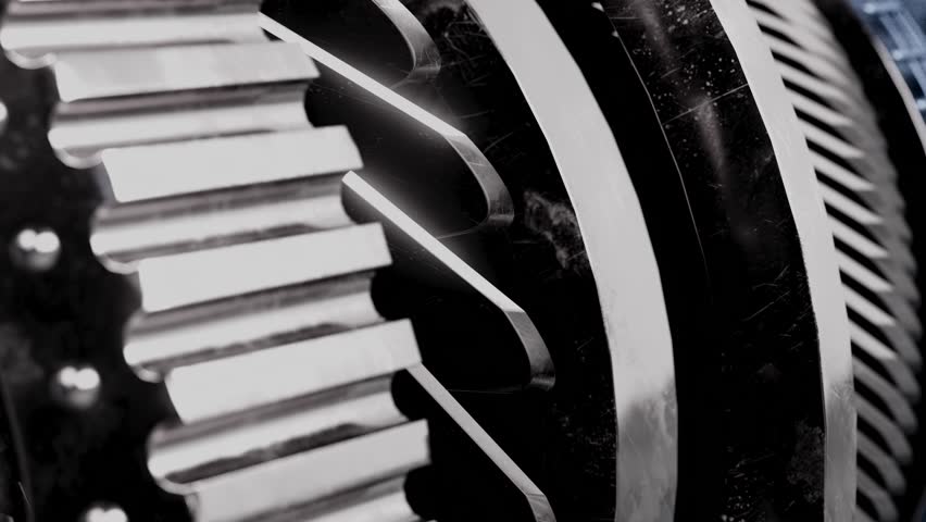 A close up of a gear with a black background. The gear is made of metal and has a shiny, reflective surface. Concept of precision and engineering, as gears are often used in machinery