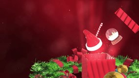 Magical Christmas Gift Unwrapping with Festive Decorations, Santa Hat, Candy Cane, and Glowing Snow Globe in a Red Holiday Atmosphere. 2025 Christmas background video HD - Powered by Shutterstock - Get 15% off with code: PIKWIZARD15