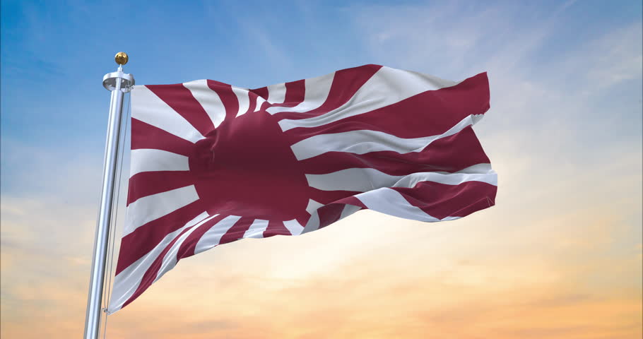 Naval Ensign of Japan Flag realistic waving in the wind with sundown background (Perfect Loop)