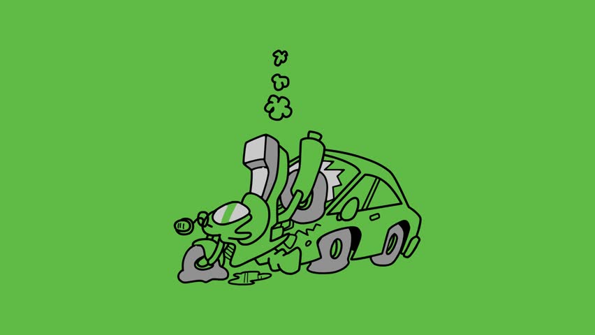 draw accident scene where car struck in article and crash bumper badly with black outline on abstract green screen background   
